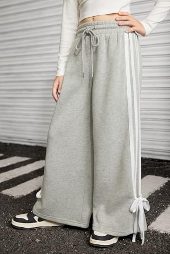 Girls Winter Trendy Striped Side Baggy Track Pants Cute Bowknot Y2K Wide Leg Sweatpants 5-14 Years2
