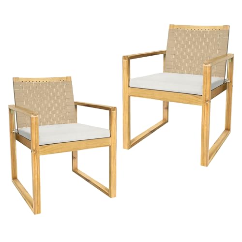 Melino Wood Wicker Dining Chairs Set of 2 – Acacia Armchairs with Cushions – Boho Modern Indoor Outdoor Style – Solid Wood Frame - Image 8