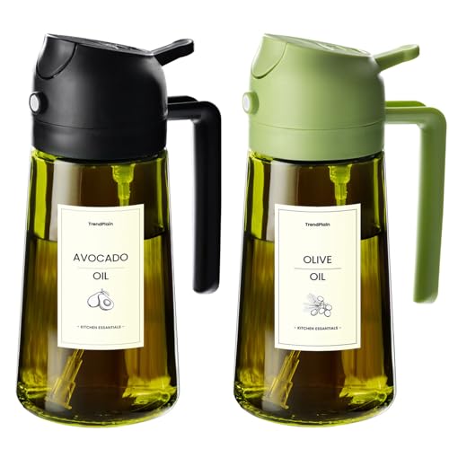 TrendPlain 470ml Olive Oil Spray Bottle - 2 in 1 Olive Oil Dispenser Bottle for Kitchen Accessories - Kitchen Gadgets, For Air Fryer - with Stickers, Light Blocking - Black & Green