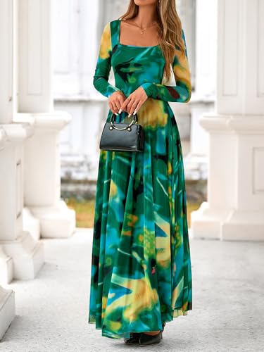 BTFBM Women Maxi Dress Fall 2025 Fashion Elegant Long Sleeve Square Neck Floral Print Party Club Wedding Guest Dresses