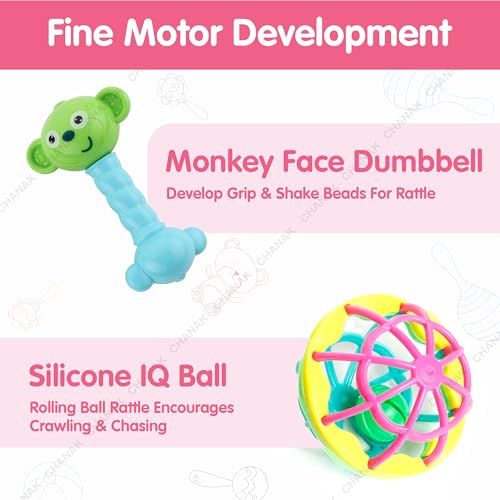 Image of Chanak Silicone;Plastic Baby Kinder Rattle Set for 0-6 Months Old Baby, Non-Toxic, 100% Bpa Free, Infant Grab, Spin & Shake Rattles, Colorful Rattles with 8 Pcs, Bis Approved, Multi,Multicolor