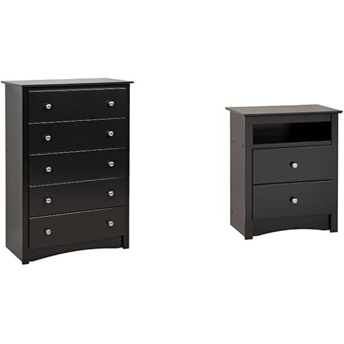 Prepac Sonoma 5-Drawer Chest and Tall Nightstand, Black