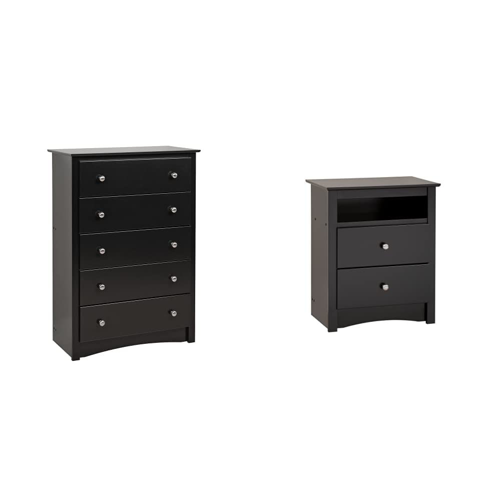 Prepac Sonoma 5-Drawer Chest for Bedroom, 16" D x 31.5" W x 45.25" H, Black & Sonoma Nightstand with Open Shelf, Black