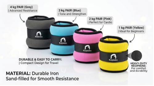 Image of Bodylastics Ankle & Wrist Weights Pair for Legs & Arms, Neoprene Adjustable Strap for Men & Women, Soft & Durable for Fitness, Walking, Jogging, Aerobics, Gym & Strength Training