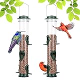 MIXXIDEA 2PK Metal Wild Bird Feeder Bird Feeders for Outdoors Hanging 6 Port Tube Bird Feeder Transparent Finch Feeder with Steel Hanger Green