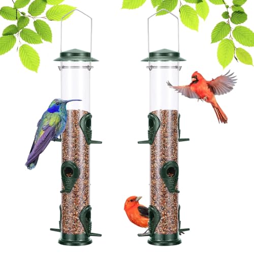 MIXXIDEA 2PK Metal Wild Bird Feeder Bird Feeders for Outdoors Hanging 6 Port Tube Bird Feeder Transparent Finch Feeder with Steel Hanger Green