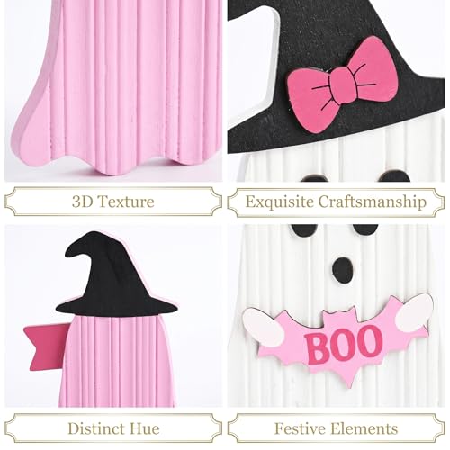 Valery Madelyn Pink Halloween Decor, Set of 2 Cute Halloween Ghost Decor, Witch Hat Boo & Trick or Treat Wooden Tabletop Signs for Home, Shelf, Tiered Tray Party Display, 5 Inch - image 6