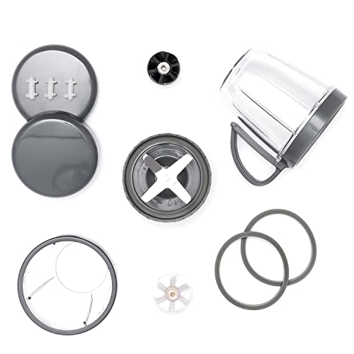 Premium Accessory Kit Compatible with NutriBullet 600W/900W - 2 Cups, Extractor Blade, Resealable Lids, Rubber Gasket, Gear, Shock Pads, Lid Ring, Lid Ring with Handle - Replacements Spare Parts