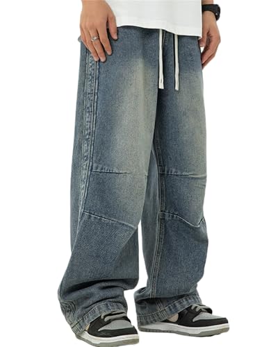 Men's Hip Hop Jean Joggers Loose Fit Streetwear Baggy Jeans Pants Denim Drawstring Pants2