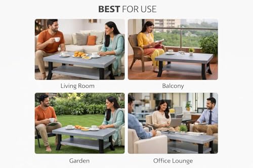 Image of Royal - Foldable Plastic Coffee Table with Storage Shelf | Center Table for Living Room | Tea Table | Furniture for Home & Office | 82.5 x 52.5 x 42.5 CM | Desert Colour (Grey)