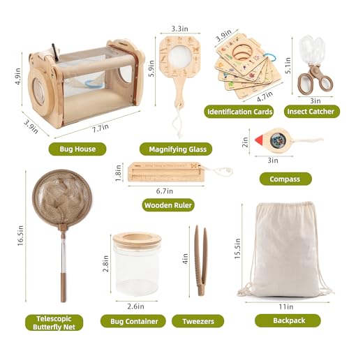 KDSFT Wooden Bug Catcher for Kids, Outdoor Explorer Bug Catching Kit with Butterfly Kit, Bug Habitat & Magnifying Glass, Adventure Set for Backyard & Camping, Outdoor Toys for Toddlers 3+ Years