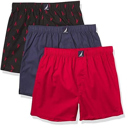 Nautica Men's Cotton Woven 3-Pack Boxers, Red/Peacoat/Lobster-Black, Medium Cover