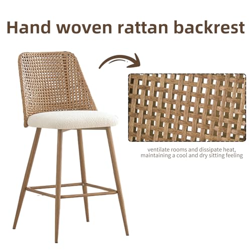 Butacos modernos de altura para barra, juego de 2 unidades, asiento de tela bouclé y respaldo de ratán PE, patas metálicas, color marrón miniatura 4