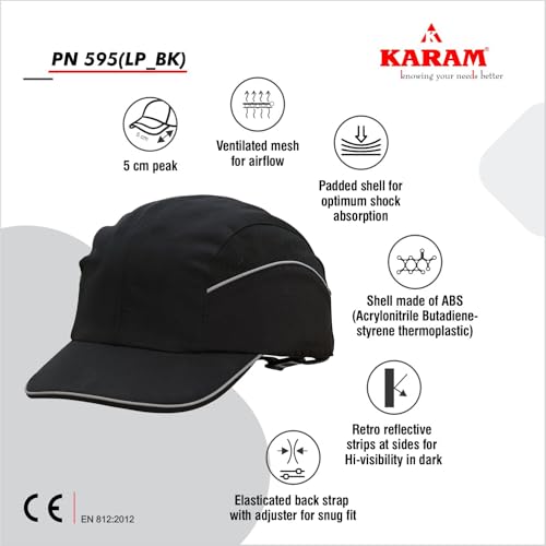 Image of KARAM PN595 Safety Bump Cap For Men | 5 CM Long Peak With Adjuster Lock & Ventilated Design | Black