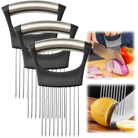 Stainless Steel Onion Slice Holder, 2024 Upgraded Onion Holder for Slicing, Lemon Slicer Vegetable Cutter, Chopper Slicing Assistant Tool for Meat, Onion, Potato, Tomato Home Kitchen Tools (3 Pack) Cover