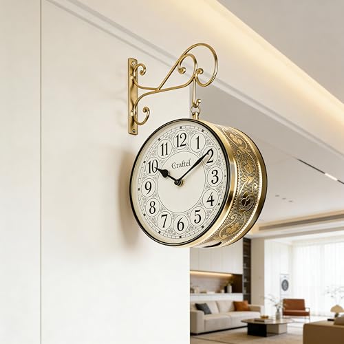 CRAFTEL Metal Analog Double Sided Vintage Station Wall Clock for Home (Shiny Gold_10 Inches)