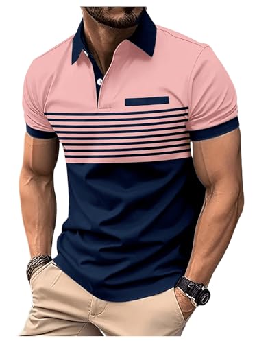 SOLY HUX Men's Golf Shirts Short Sleeve Striped Collared T Shirt Casual Work Shirts