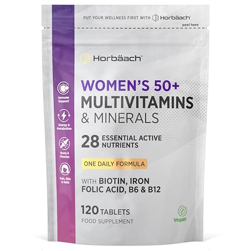 Multivitamins for Women 50+ | 4 Months Supply | 28 Essential Vitamins & Minerals Including Biotin, Iron, Folic Acid, B6, B12, Calcium, Zinc, Vitamin C & More! | 120 Vegan Tablets | by Horbaach