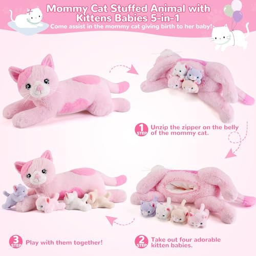 Image of 5 Pieces Cat Stuffed Animals with Babies Inside Belly - 1 Mommy Stuffed Cat with 4 Kittens - Stuffed Kitty Plush Toys for Kid Age 3-8, Gift Ideal for Christmas, Valentine's, Birthday (Pink)