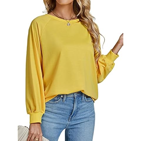 Umenlele Women’s Casual Crewneck Long Sleeve Pullover Basic Sweatshirt Blouse Shirt Top, Yellow, Large Cover