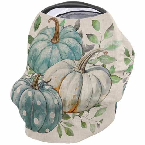 Nursing Cover for Breastfeeding Scarf, Fall White Pumpkin Turquoise Leaves Retro Baby Car Covers Super Soft Multi Use for Canopy Shopping Cart Cover Blanket Stroller Cover
