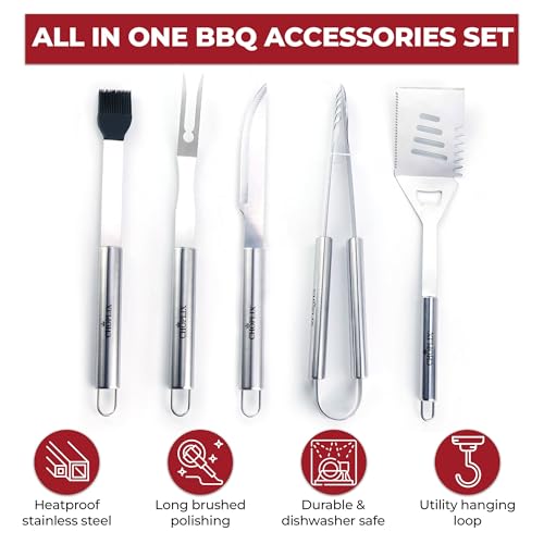 BBQMaster Elite 5-Piece Portable BBQ Tool Set – Spatula, Tongs, Fork, Basting Brush & Grill Brush in Aluminum Case for Outdoor Camping, Backyard Grilling & BBQ Accessories for Professional Use