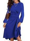 Happy Sailed Midi Dresses for Women Date Night Long Sleeve Empire Ruched Waisted Slim Fit Irregular Hem Flared A-Line High Low Cocktail Party Dress Fashion 2025 Dark Blue Large