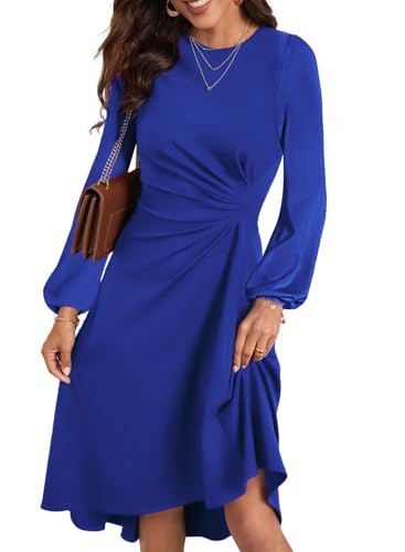 Happy Sailed Midi Dresses for Women Date Night Long Sleeve Empire Ruched Waisted Slim Fit Irregular Hem Flared A-Line High Low Cocktail Party Dress Fashion 2025 Dark Blue Large