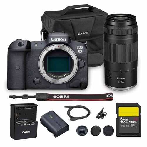 Canon EOS R5 Mirrorless Camera | 45MP Full Frame Sensor 8K Video | in-Body Image Stabilization and Dual Pixel AF for Hybrid Creators (4147C002) + Canon RF 75-300mm Lens + 64GB Card + Bag