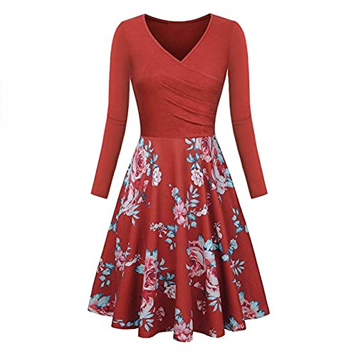 Damen Langarm A-Linie Kleid 60er Jahre Rockabilly 3/4 Ärmel Orange-2,L