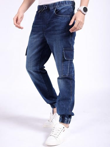 Image of The Indian Garage Co Men Regular Fit Solid Mid-Rise Stretchable Denim Cargo Joggers