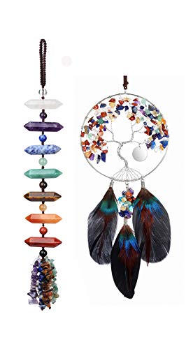 PESOENTH Bundle  2 Items:7 Chakra Tree of Life Dream Catcher Crystals Hanging Wall Decoration + 7 Chakra Gemstones Merkaba Star Crystal Window Car Hanging Ornament