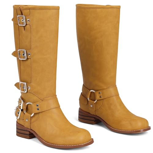 Image of AMINUGAL Knee High Boots Women Square Toe Pull On Wide Calf Riding Fashion Buckles Chunky Metallic Casual Vintage Buckle Rivet
