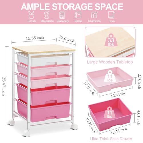 Image of SYKIARIOL Utility Cart with 5 Drawers,Storage Drawer Cart with Wooden Tabletop and Lockable Wheels,Craft Storage Trolley Cart,5-Tier Rolling Utility Cart on Wheels,Rose Pink