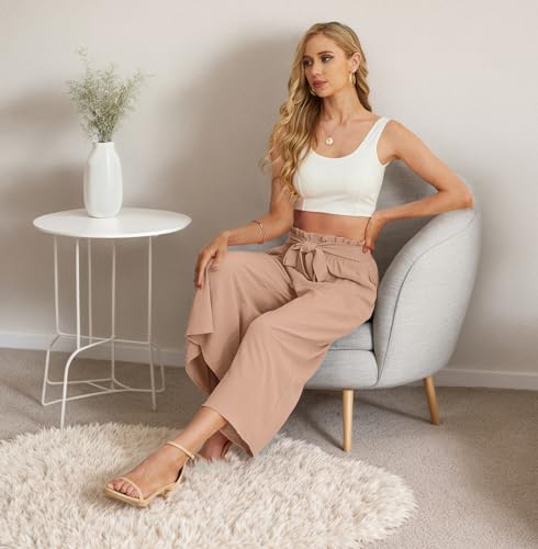 Image of IWOLLENCE Women Flowy Loose Wide Leg Pant Summer Beach Casual Trousers high Waist Adjustable Knot Business Work Casual Pants