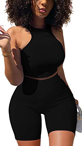 GOBLES Women's Sexy 2 Piece Outfits Sleeveless Crop Top With Shorts Jumpsuits Black
