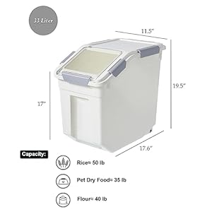 Hanamya 32 5 liter  35 lbs pet food storage container with measuring cup bpa free for dog food | cat food | rice | grain | flour white  gray 2 counts   cucciolini doodles