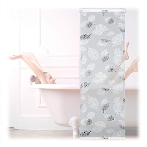 Relaxdays Cortina Enrollable Ducha Estampado de Hojas, Cortina Bañera 60x240cm, Sujeción Techo/Ventana, Blanco y Negro