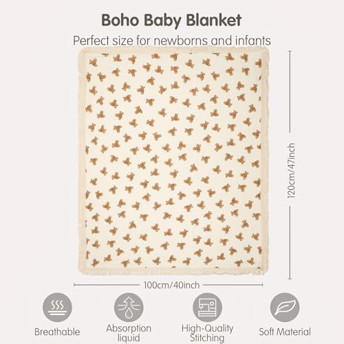 insular Cotton Muslin Baby Blanket with Tassel, Boho Bohemian Muslin Swaddle Blanket Baby Receiving Blanket with Fringe, Nursery Decor Throw or Nursing Blankets, 47" x40”, Little Bear - Image 6