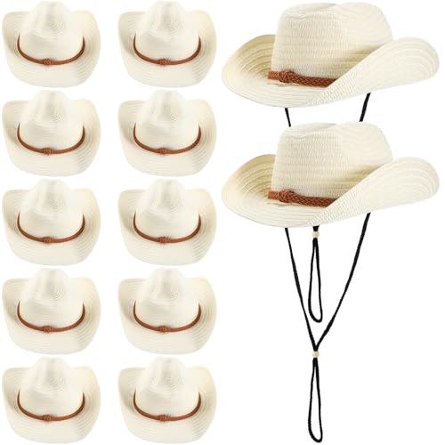 JaGely 12 Pcs Straw Cowboy Hats for Women Men, Wide Brim Summer Hat Bulk Sun Protection for Western Themed Party(White)