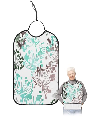 LEOKOTI Teal Brown Flowers Adult Bibs for Eating, Waterproof Bibs with Food Catcher & Adjustable Snap Closure, Watercolor Spring Floral Botanical Washable Clothing Protectors Adult Bibs for Elderly