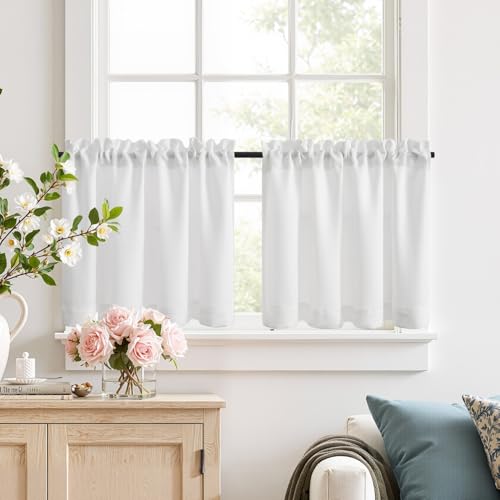 Vangao Scheibengardinen Modern Küche Weiß Bistrogardine 2er Set 90Bx45H cm mit Stangendurchzug Gardinen Kurz Leinenoptik Halbtransparente Küchengardinen Wohnwagen Landhaus