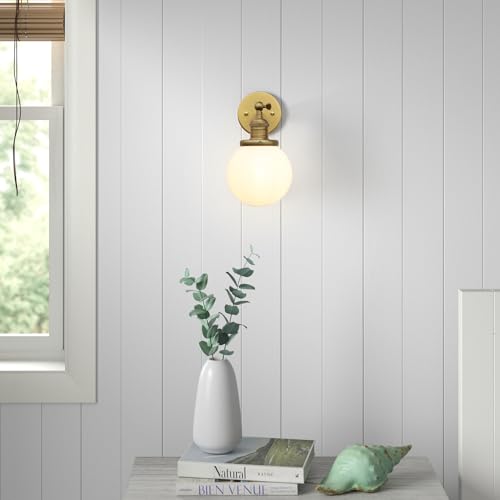 Image of Phansthy 1-Light Wall Sconce, Brass Boho Bathroom Vanity Light, Modern Wall Light with Globe Glass Shade E26 Base, Adjustable Wall Lighting Fixtures for Bedroom, Living Room (Antique, White Shade)