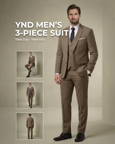 Image of YND Men's 3 Piece Suit with Tie, Solid Color Slim Fit Jacket Vest and Pants