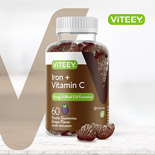 Iron Gummies 20Mg + Vitamin C 26Mg For Iron Deficiency And Anemia, Supports Energy, Blood Cell Formulation, Blood Builder, Vegan Supplements, Gluten Gelatin And Gmo Free, Chewable Grape Gummy Chews #TOP1