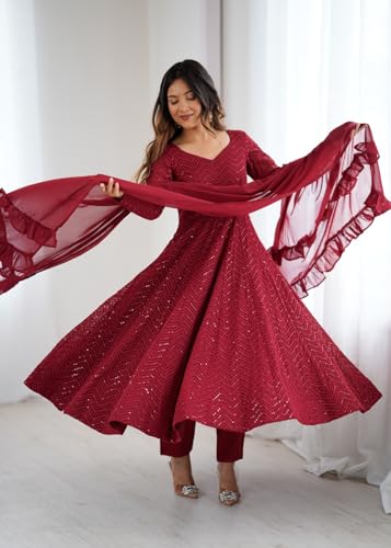 Image of Elegant Maroon Anarkali Gown Crafted in Heavy Fox Georgette with Lucknowi Sequence Work, Full Sleeves, Kali Cut Flare, Ruffle Dupatta and Stitched Cotton Pant