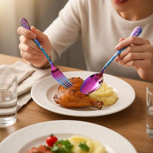 Image of 5 Pcs Rainbow Floaral Stainless Steel Cutlery Set for Dining Table with Spoon and Fork Set & Butterknife - The Perfect Tableware /Flatware