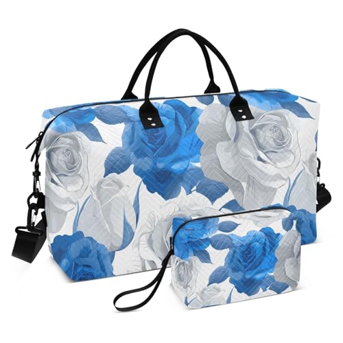 Flower Travel Duffle Bag Gym Bag, Retro Blue and White Roses Weekender Bags for Women with Toiletry Bag Travel Tote Bag Swim Bag