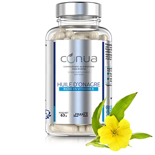 Huille d'onagre Pressée a Froid 1500mg 10% GLA et Vitamine E, aide au symptôme Prémenstruel, Préménopause et des sécheresses de la muqueuse vaginale. Antioxydant aider Peau, Cheveux et Os sain Conua ® Cover