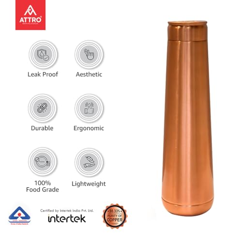 Image of ATTRO Arth Copper Bottle Design Boosts Immunity Leakproof & Lightweight |Anti-Bacterial, BPA Free with Secure Cap for School, Travel, Gym & Work 900ml Matt